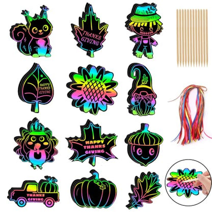 JULMELON 36Pcs Fall Thanksgiving Scratch Art for Kids, Magic Rainbow Paper - style: Thanksgiving Crafts