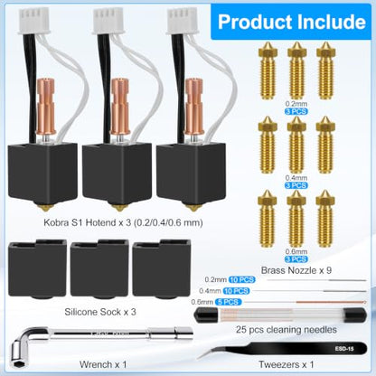 42 PCS Kobra S1 Hotend Kit, Hotend Assembled Extruder Printhead Kit with 9 Brass Nozzle 0.2/0.4/0.6mm, 25 Cleaning Needles, 3 Silicone Cover, Wrench and Tweezers, for Anycubic Kobra S1/Kobra S1 Combo - color: 42 PCS