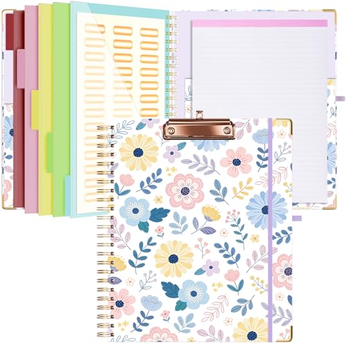 Ospelelf Clipboard with Storage 8.5 X 11，Padfolio Organizer, Spiral Portfolio Letter Size with Notepad, Pen Holder, 5 Extra Folder Divider Pages, Elastic Closure Nurse Office Essentials Daisy - color: Daisy