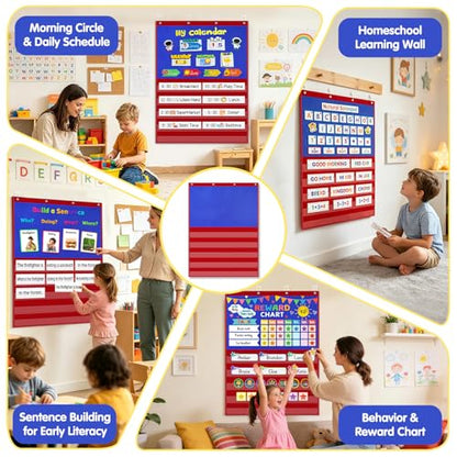 AKAYOK 2-in-1 Felt Board & Pocket Chart, 37”x28 Felt Board for Wall with 54 Self Adhesive Dots & 15 Dry Erase Sentence Strips, Flannel Boards Stories for Preschool, Early Literacy & Speech Therapy - color: Blue-1