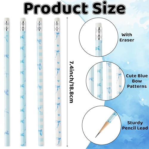 Xqumoi Coquette Blue Bow Pencils with Eraser - Preppy Bow #2 HB Pencils, Classroom Student Rewards, School Office Supply, Party Goodie Bag Fillers Stuffers, Baby Shower Party Favors - style: Blue Bow