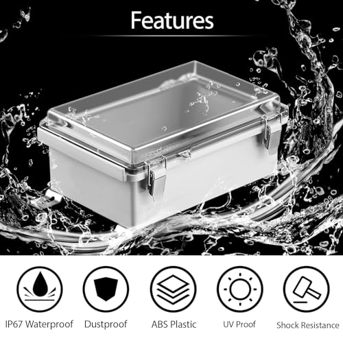 LeMotech Electrical Box, IP67 Waterproof Hinged Clear Cover Stainless Steel Latch Junction Box, ABS Plastic Electrical Enclosure with Mounting Plate,Wall Brackets, Cable Glands,8.2"x4.2"x2.9",Grey - color: Clear Cover, size: 8.2"x4.2"x2.9"