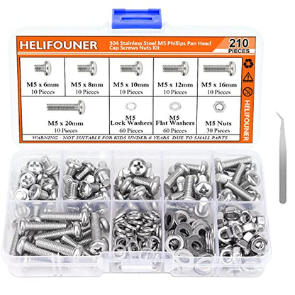 HELIFOUNER 210 Pieces M5 x 6mm /8mm /10mm /12mm /16mm /20mm, Phillips Pan Head Machine Screws, Metric Screws Bolts Washers Nuts Kit, 304 Stainless Steel - size: M5