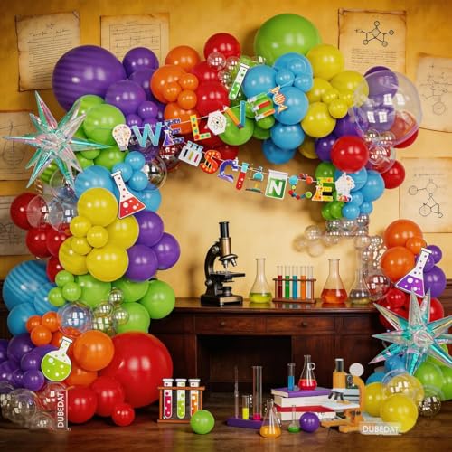 150PCS Science Party Decorations, Banner, Rainbow Balloon Arch Garland Kit for Lab Week, Mad Science Fun, Scientist Students Schoool Educational Theme Decoration, Happy Pi Day Birthday Party