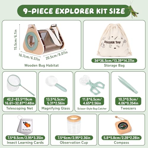 Bug Catcher for Kids, Wooden Bug Catching Outdoor Toys for Ages 4-8, STEM Explorer Activities with Butterfly Net Magnifying Glass Tweezers Insect Habitat Observation Cup Storage Bag Learning Cards