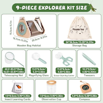 Bug Catcher for Kids, Wooden Bug Catching Outdoor Toys for Ages 4-8, STEM Explorer Activities with Butterfly Net Magnifying Glass Tweezers Insect Habitat Observation Cup Storage Bag Learning Cards