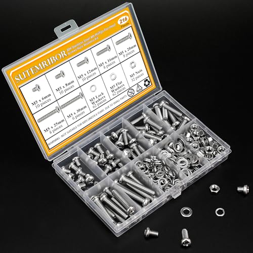 216 Pieces M5 Machine Screws Nuts Washers Set, Sutemribor M5 x 6/8/12/16/20/25/30mm Phillips Pan Head Machine Screws Nuts Washers Assortment Kit, 304 Stainless Steel, Fully Threaded - size: M5, style: Phillips Pan Head