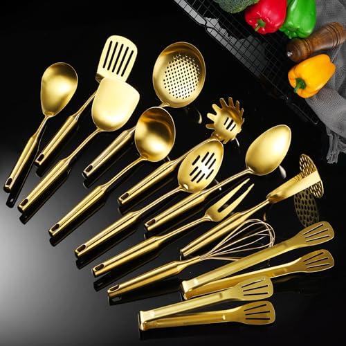 Gold Kitchen Cooking Utensils Set 13 PCS Stainless Steel 12-13.7" - color: Gold-13