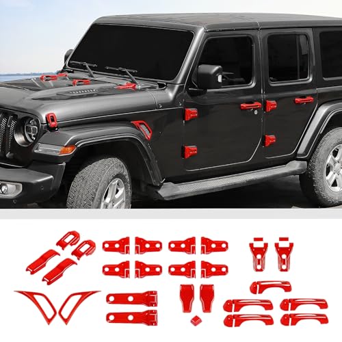 JWWY Complete Exterior Cover Trim Kit for 2018–2026 Jeep Wrangler JL JLU, Full Coverage Door Handle Hood Hinge Hood Latch Side Air Vent Rear Tailgate Window Hinge Covers, 43PCS Red - color: Red