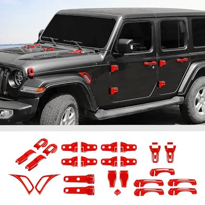 JWWY Complete Exterior Cover Trim Kit for 2018–2026 Jeep Wrangler JL JLU, Full Coverage Door Handle Hood Hinge Hood Latch Side Air Vent Rear Tailgate Window Hinge Covers, 43PCS Red - color: Red