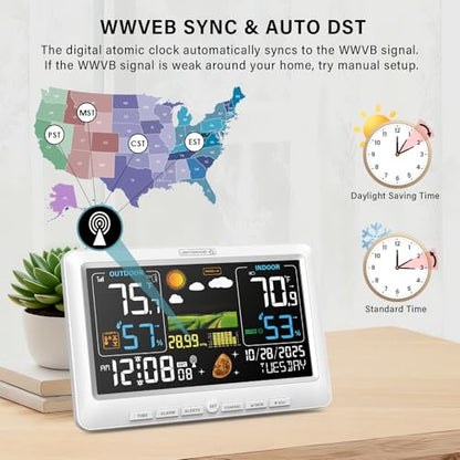 BluSon Weather Station Wireless Indoor Outdoor Thermometer, Atomic Clock - color: White
