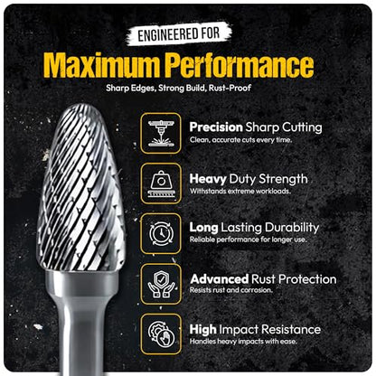 10Pcs Tungsten Carbide Burr Set 6.35mm - 1/4" Shank Double Cut Die Grinder Bits Cutting Burrs - Metal, Steel - Rotary Tools Rasp Accessories - Deburring, Engraving, Grinding, Carving, Porting - size: 10pcs - 6.35mm