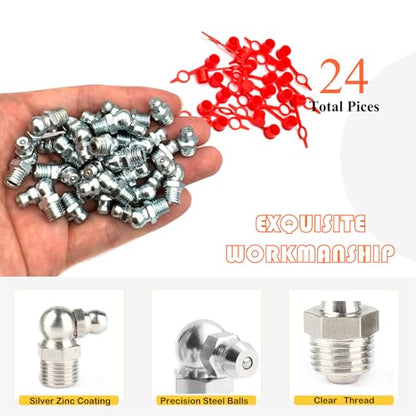 24Pcs 5/16"-24 Straight 45 90 Degree Grease Fitting Assortment Kit with Grease Zerk Fittings Caps, Galvanized Steel Hydraulic Grease Zerk for Industrial and Agricultural Machinery Cars Ships ets - size: 5/16"-24-24 Pcs