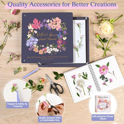 Joy&Grace Flower Press Kit for Adults, with Designed Cover and DIY Album, 10.9" x 10.9" 10 Layers Flower Preservation Kit, Plant Press and Large Plant Drying Toolkit (Color Box, Purple Navy) - color: Purple Navy