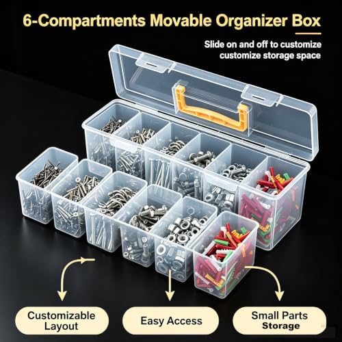 Small Parts Organizer Box with Transparent Lid 1‑Pack, 6-Compartments Movable Organizer Box with for Hardware, Screws, Bolts, Nails, Beads, Jewelry and Fishing Small Accessories, NOT for Large Tools