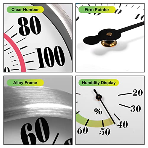 12" Outdoor Thermometer Large Numbers - Decorative Outdoor Thermometers for Patio, Wall Thermometer Hygrometer with Stainless Steel Enclosure, Battery Free Indoor Outdoor Thermometer Hanging