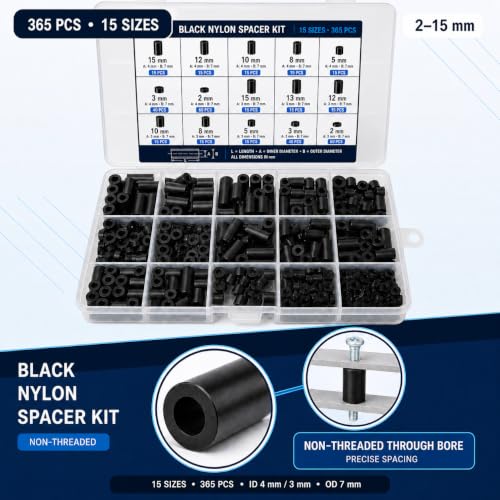 365-Piece Black Nylon Spacer Kit 3mm & 4mm ID 7mm OD - size: M3/M4