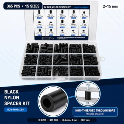 365-Piece Black Nylon Spacer Kit 3mm & 4mm ID 7mm OD - size: M3/M4