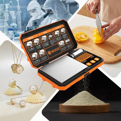 MAXUS Pocket Scale, 200g x 0.01g, with 50g Calibration Weight and USB Cable - color: Orange