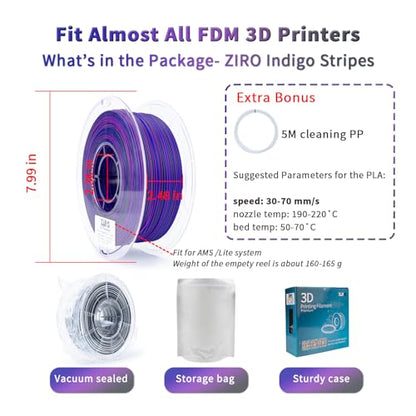 ZIRO Dynamic Color Change PLA, for 3D Printing, 1KG Spool, Indigo Stripes - color: Indigo Stripes (Matte)