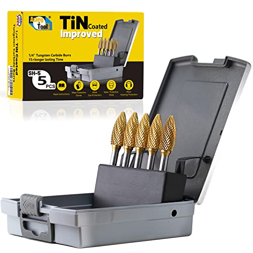 SH-5 5pcs Tungsten Carbide Burr TiN Rotary File Flame Shape Double Cut with 1/4''Shank for Die Grinder Drill Bit - style: 5pcs SH-5 TIN