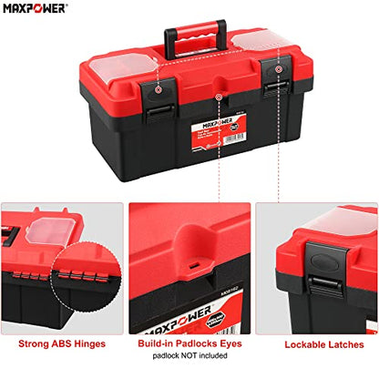 MAXPOWER Tool Box 16 inch, Plastic Small Tool Box with Latch Removable Tray - color: Red, size: 16"
