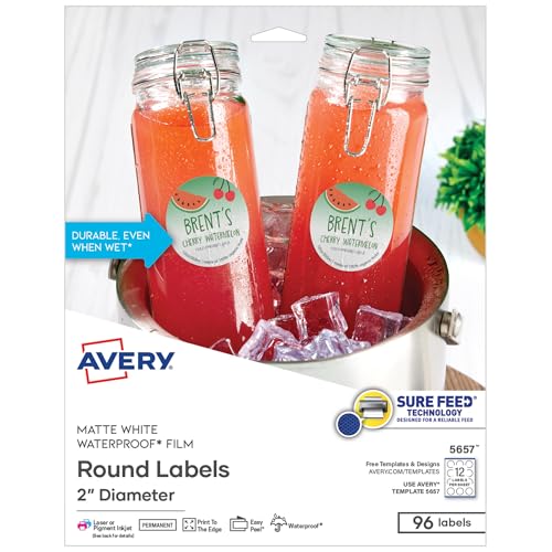Avery Durable Waterproof Labels, Sure Feed Technology, 2" Diameter, Matte White, Laser/Pigment-Inkjet Printable, 96 Blank Labels, Great for Food Containers, Product Merchandising, and More (5657) - style: 96 labels