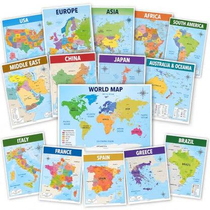 Custom Map Posters, Choose 3 or More, 11x17 Laminated Geography Charts - color: 01 - Any 3-14 Maps