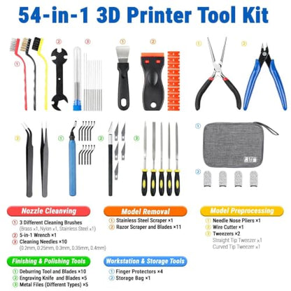 56Pcs 3D Printer Tools Kit with Storage Case, 3D Printer Accessories - Deburring Tool, Removing Scrapers, Metal Files, Brushes, Engraving Knives, Tweezers & More, for Bambu Lab, Ender 3, Kobra, etc