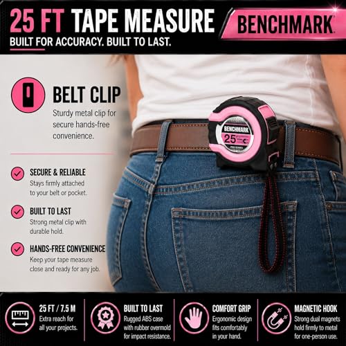 Benchmark - Pink - 3 Pack - 25 ft Tape Measures - Easy to Read Fractions to 1/8th inch - Magnetic Tip - Thumb and Quick Lock - Autowind - Belt Clip - size: Pink
