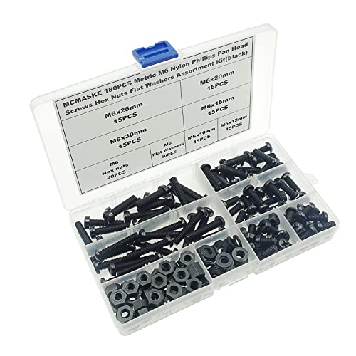 180PCS M6 Black Nylon Phillips Pan Head Screws Nuts Washers Kit - size: M6