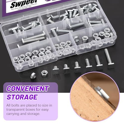 Swpeet 90Pcs 6 Size M6×10/12/16/20/25/35mm Galvanized Square Head Bolt and Hex Nuts Assortment Kit, Fully Thread Galvanized Square Head Screw, Square Machine Screws, Square Head T-Bolt