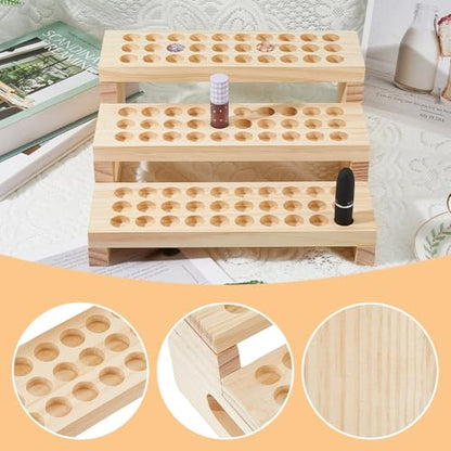 SUPERFINDINGS 1 Set 90 Slots Wooden Lipsticks Holder 3 Tier Tube Display Shelf Wood Tool Rack Wooden Essential Oil Display Storage Organizer for Cosmetic Lip Gloss Tool, Slot IDxT: 0.8"x0.4"