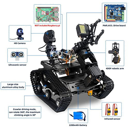 Smart WiFi Robot Kit for Raspberry Pi 5 4B 3B, 4DOF Robotic Arm Track Tank Chassis Robot Car with HD Camera Ultrasonic Infrared Sensor Programming Project for 14+(without Raspberry Pi)
