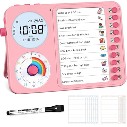 3-in-1 Visual Timer & ADHD Tool for Kids with Chore Chart & Planning Board - color: Pink