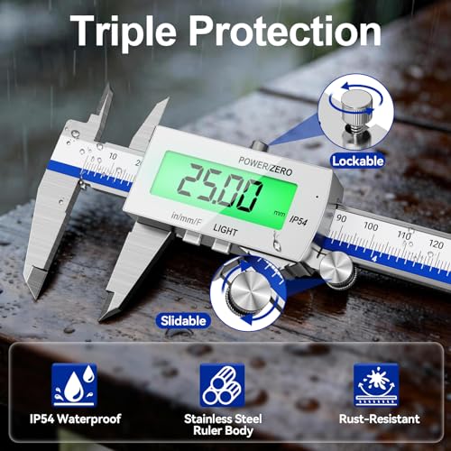 Preciva Backlight Digital Caliper, 6 Inch Rechargeable Electronic Micrometer with IP54 Waterproof and Large LCD Screen Conversions for in/MM/F Precision Measuring Tool for DIY/Professional Use - color: Blue