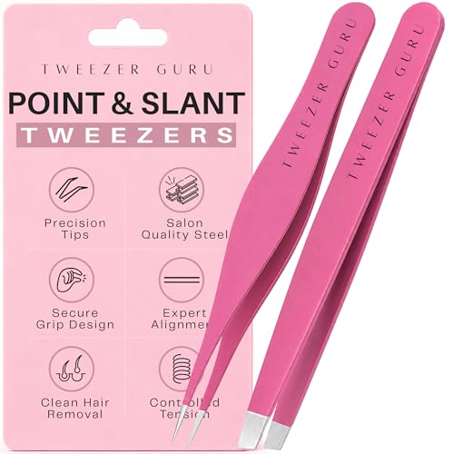 Tweezer Guru Ingrown Hair Tweezers - Pointed Precision Tweezers for Eyebrows & Ingrown Hair Removal - Blackhead and Splinter Tweezer with Sharp Needle Nose Point (2 Piece Set, Pink (Point+Slant)) - color: Pink