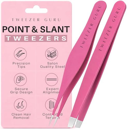 Tweezer Guru Ingrown Hair Tweezers - Pointed Precision Tweezers for Eyebrows & Ingrown Hair Removal - Blackhead and Splinter Tweezer with Sharp Needle Nose Point (2 Piece Set, Pink (Point+Slant)) - color: Pink