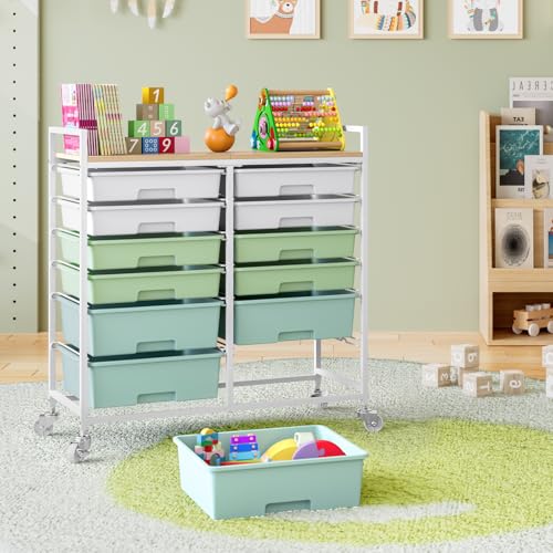 TOOLF 12 Drawers Rolling Storage Cart with Wooden Top for Classroom,Green - color: Green