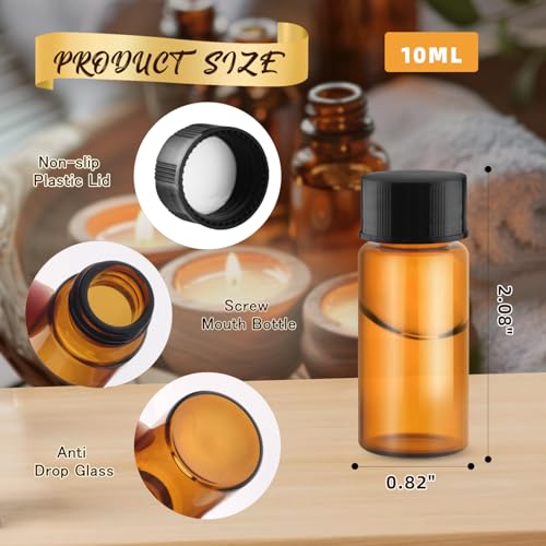 100 Pack,Glass Essential Oil Bottle with Screw Caps,Empty Refillable Travel Glass Liquid Sample Vial Labs Preservation Storage Leakproof Vials Test Container with Black Screw Caps (Amber, 10ml) - color: Amber, size: 10ml