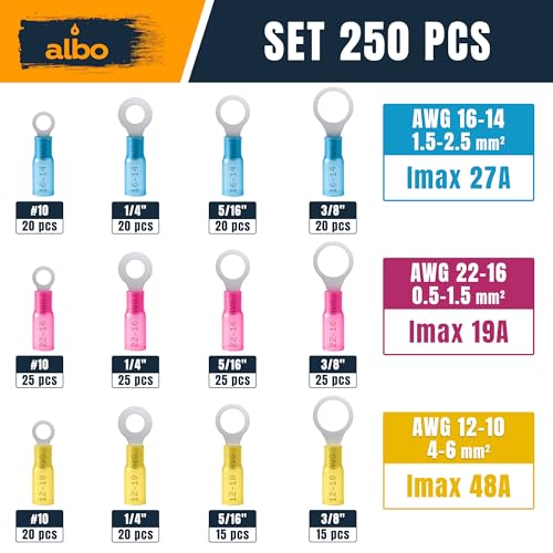 ALBO 250PCS Heat Shrink Ring Terminal Kit – Wire Terminal Connectors Assortment for 22-10 AWG, Waterproof Electrical Connectors Set – Tinned Copper Electrical Ring Terminals - color: Set AWG 22-10 250 pcs