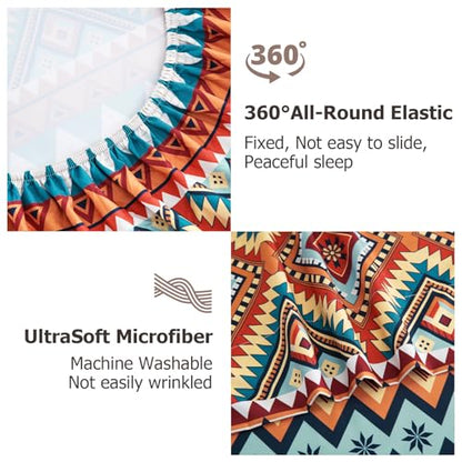 CozySmile 4 Pieces Queen Sheet Set Bohemian, Boho Sheets Soft Microfiber Deep Pocket, Western Sheets Geometric(Queen, Rust Turquoise Diamond) - color: B-rust Turquoise Diamond, size: Queen