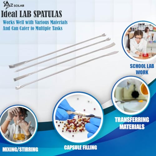 A2Z Scilab 4 Pcs Stainless Steel Lab Spatula Micro Scoop Spoon Set - Laboratory Tiny Mixing Spatulas, Double Ended Long Sampling Spoon for Powders Gel Cap Capsule Filler