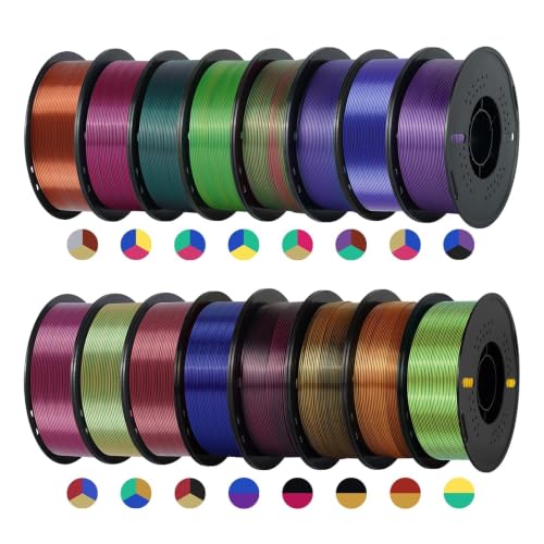 Kingroon 16KG Silk PLA Filament Bundle 1.75mm, Dual and Tri Color 3D Printer Multicolor Filament, 16x1 kg Spools, High Precision +/- 0.02mm, No Clogging Shiny 3D Printing Filament for FDM Printers - color: 16*1kg (Dual Color*5+tri Color*11)