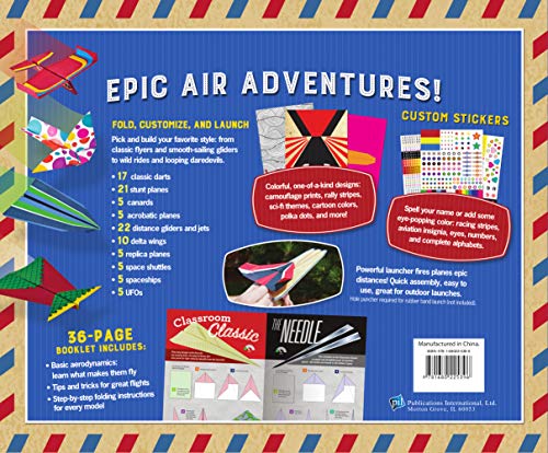 Paper Airplane Kit: 100 Planes to Fold & Fly, 1000 Stickers, Launcher & 100 Rubber Bands | Colorful Sheets | STEM Family Gift for Ages 7 and Up