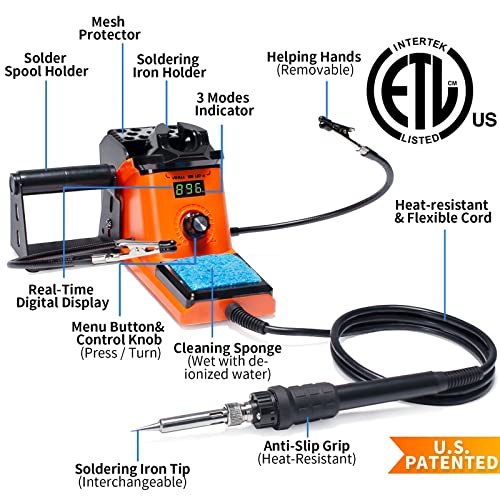 YIHUA 926 III 60W LED Display Soldering Iron Station Kit w 2 Helping Hands, 6 Extra Iron Tips, Roll of Lead-Free Solder, Solder Sucker, S/S Tweezers, °C/ºF Conversion, Auto Sleep & Calibration Support - color: Orange