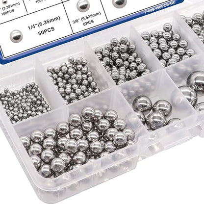 Taiss 490PCS Precision Balls 8 Sizes,Bicycle Bearing Balls 1/2" 3/8" 1/4" 7/32" 3/16" 5/32" 1/8" 3/32" Precision Steel Ball Assortment Kit,Metal Balls F-099-490PCS-GE - size: 490PCS