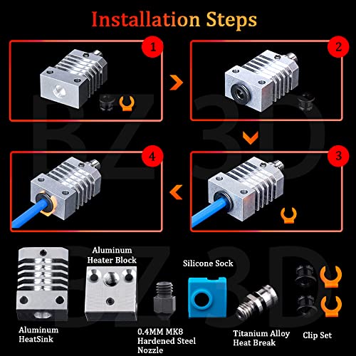 Ender 3 All Metal Hotend Upgrade Kit,Titanium Alloy Heatbreak,MK8 Hardened Steel Nozzle 0.4mm for Ender 3/V2 /Pro/Max/Ender 5 /Pro/Plus/CR-10 /CR-10S/CR-10 S4/S5 - style: Hardened Steel Nozzle Kit