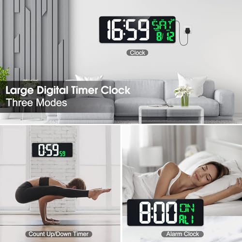 17" Large Digital Wall Clock, Bluetooth Sync, Auto Dimmer, Remote - color: White+green