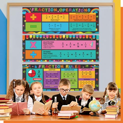 Pasimy 3 Pack Math Posters Mathematics Educational Banners Decor Math Bulletin Board Charts Mathematics Posters Wall Decor for Elementary Middle School Classroom Decorations(Fraction) - style: Fraction